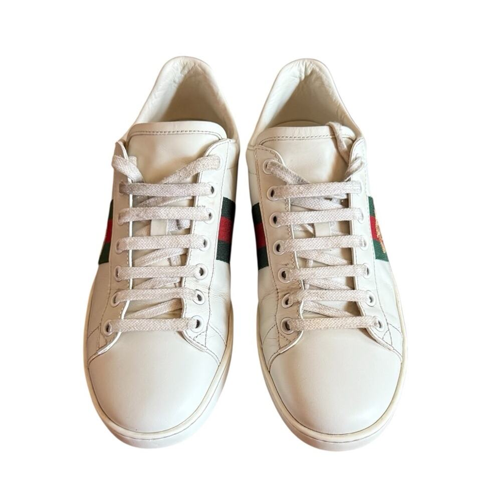 Gucci Ace White Leather Bee Embroidered Web Stripe Sneakers Low Top EU 38 US 8 - Picture 2 of 11